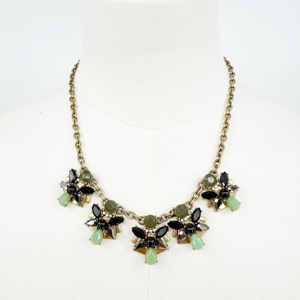 J. Crew Green Black Crystal Statement Necklace Gold Tone Bib Collar Adjustable